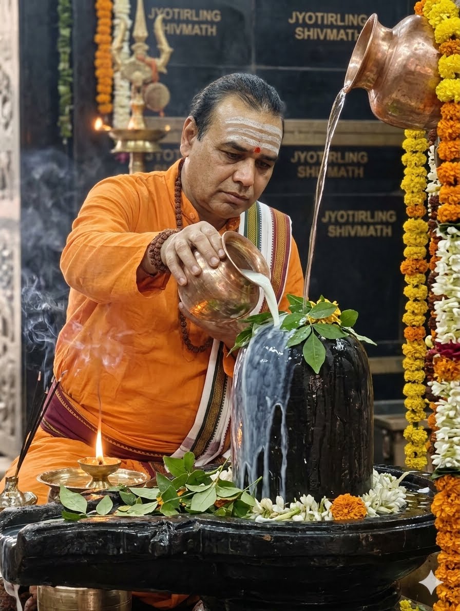 रुद्राभिषेक करते हुए भगवान शिव की पूजा